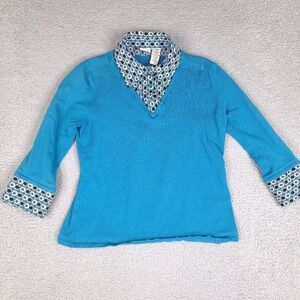 Covington Sweater Top Womens Large Blue Teal Hybrid 1/4 Button Up‎ Blouse